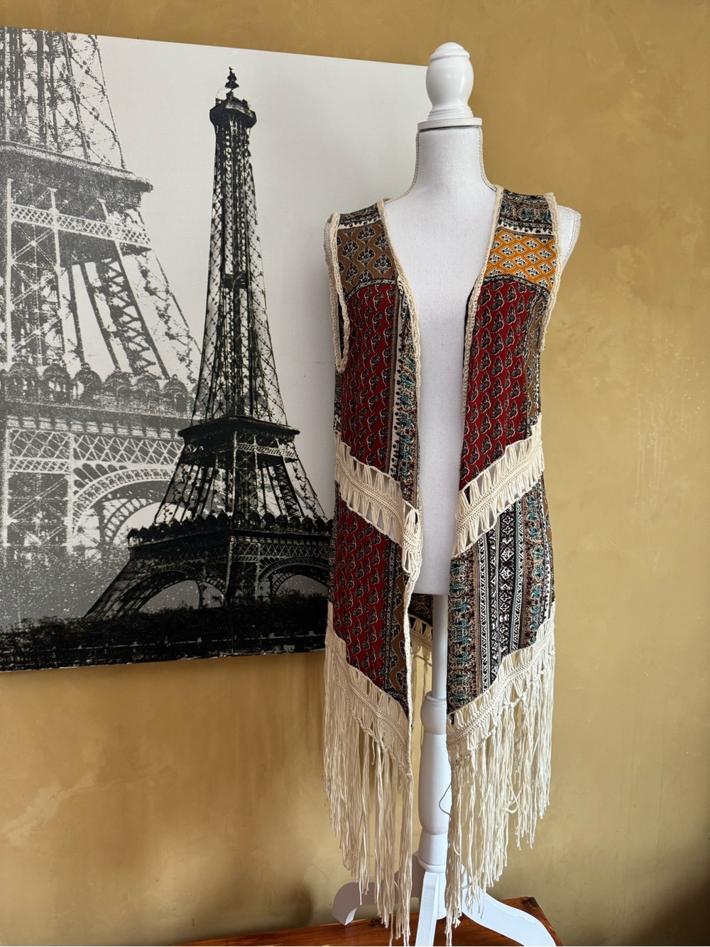 Dreamers Brown , Mustard & Cream Boho Fringe Vest
